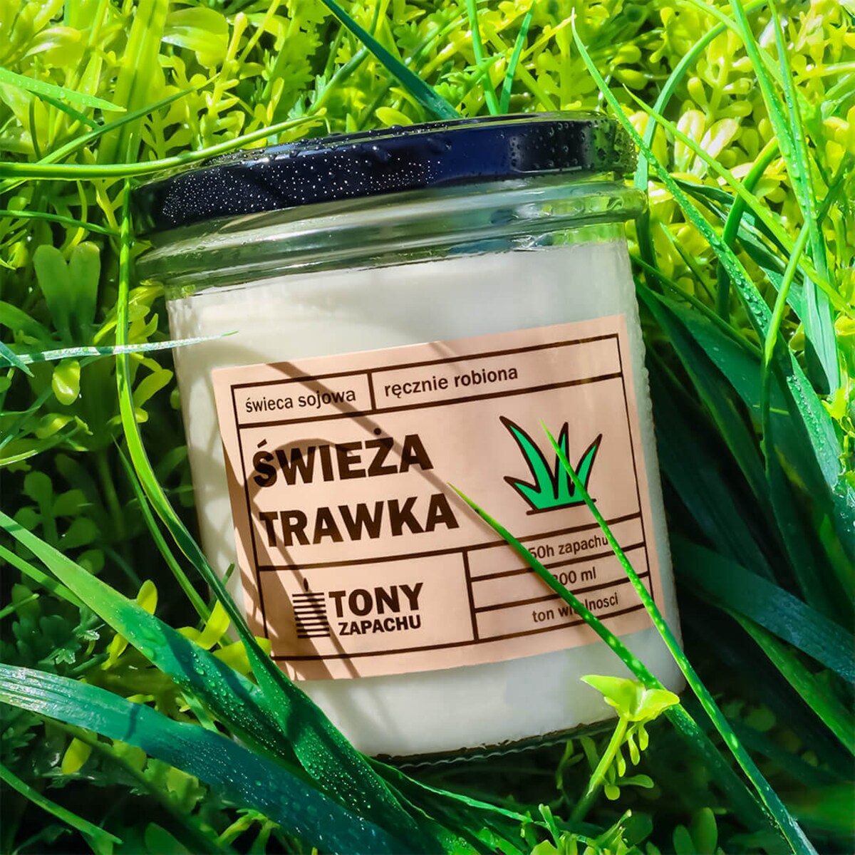Świeca sojowa naturalna zapachowa ŚWIEŻA TRAWKA- najlepsza aromatyczna bezpieczna ręcznie robiona w szklanym słoiczku 300ml 50h palenia na prezent upominek
