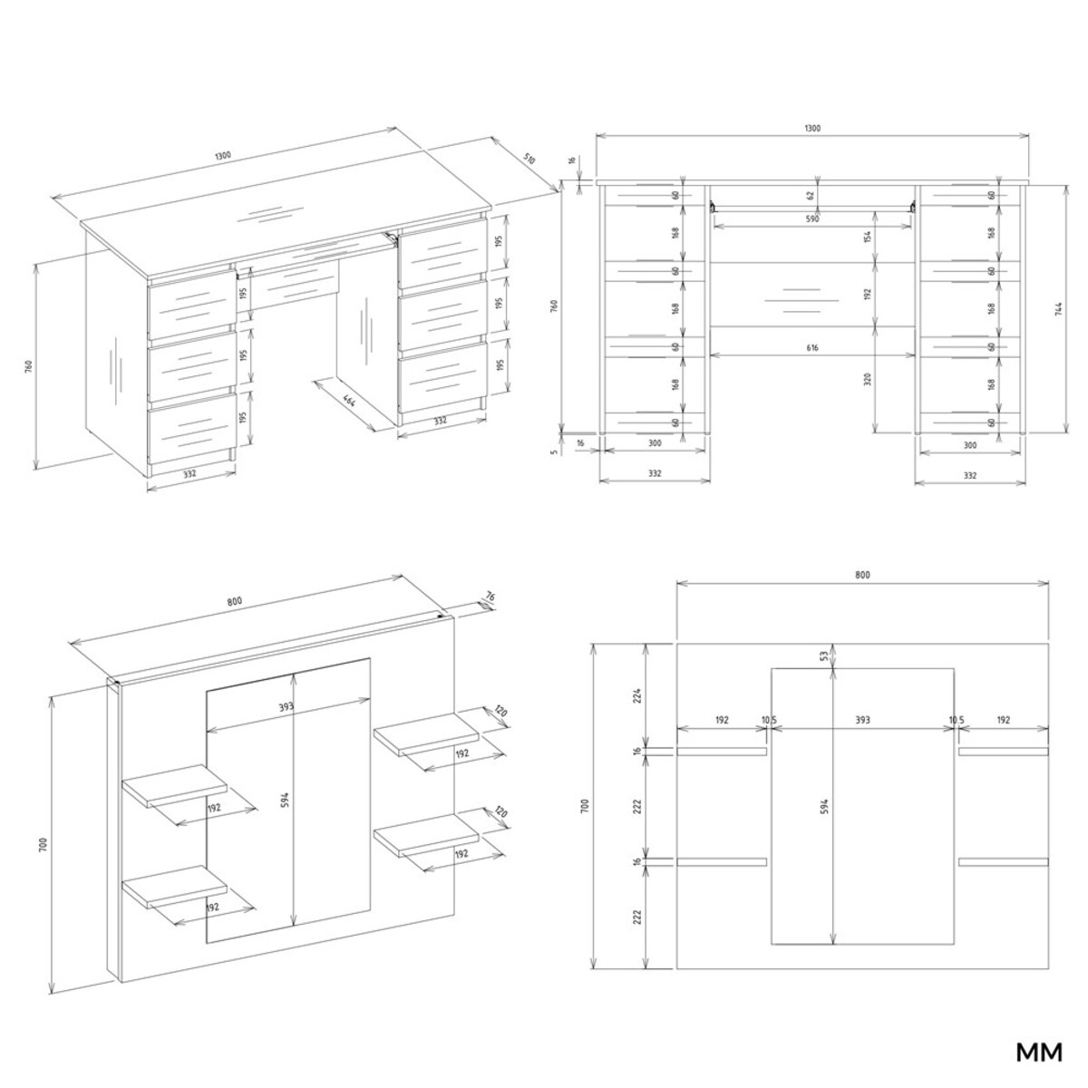 Toaletka Kosmetyczna Z Lustrem Do Makijażu Zestaw MARINA 4P + KUBA Biurko KASZMIR