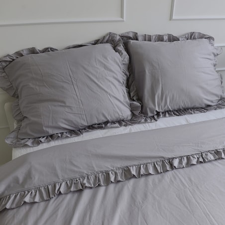 Pościel Bawełniana Z Falbanką Zestaw Komplet Do Sypialni Jasnoszara 160X200 Cm + 2 Poduszki 70X80 Cm