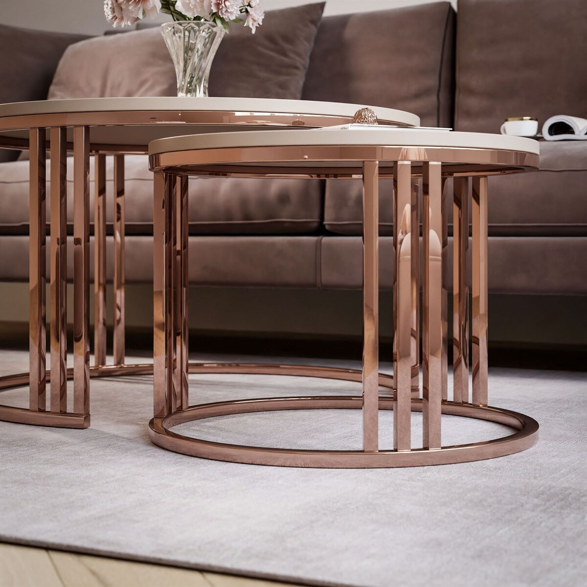 Zestaw stolików kawowych LORI 2w1 mat, miedziana podstawa, kaszmir mat