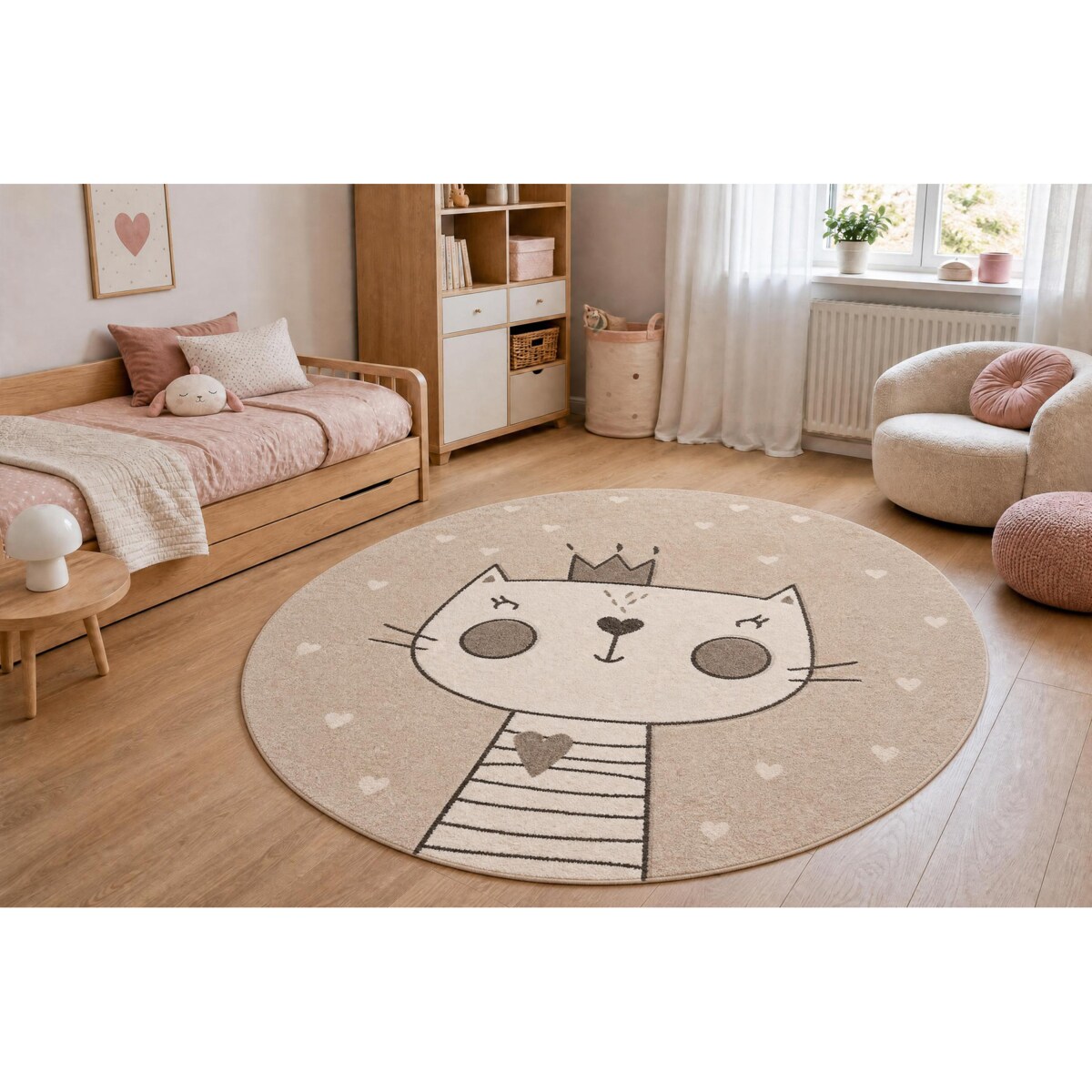Dywan KIDDO 6106 koło krem kotek, korona dla koło 120 cm