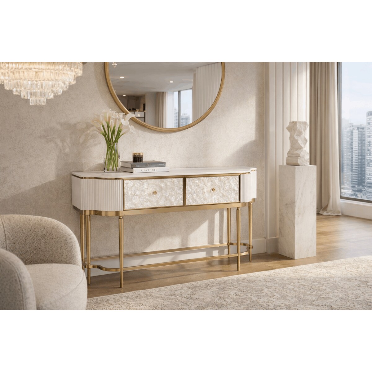 Kremowa konsola glamour z naturalną muszlami i marmurem Champion 140x35x86