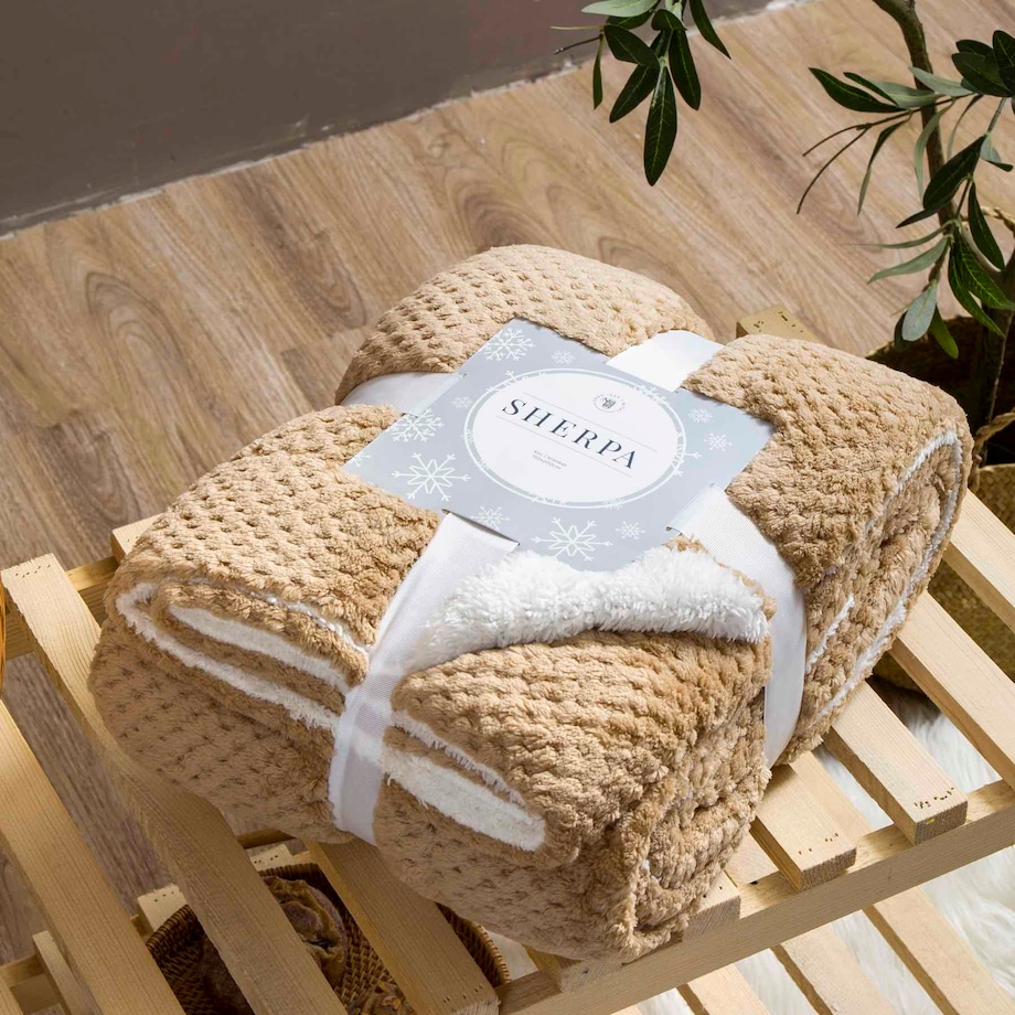Beżowy Koc Narzuta z Mikrofibry Baranek 150x200 Sherpa