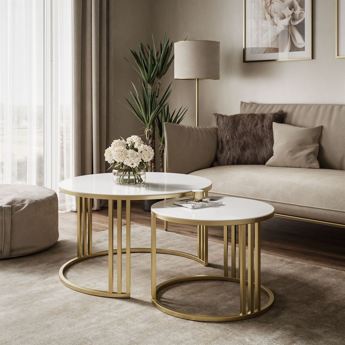 Okrągły stolik kawowy 2w1 LORI GLASS złoto szczotkowane, blat białe szkło