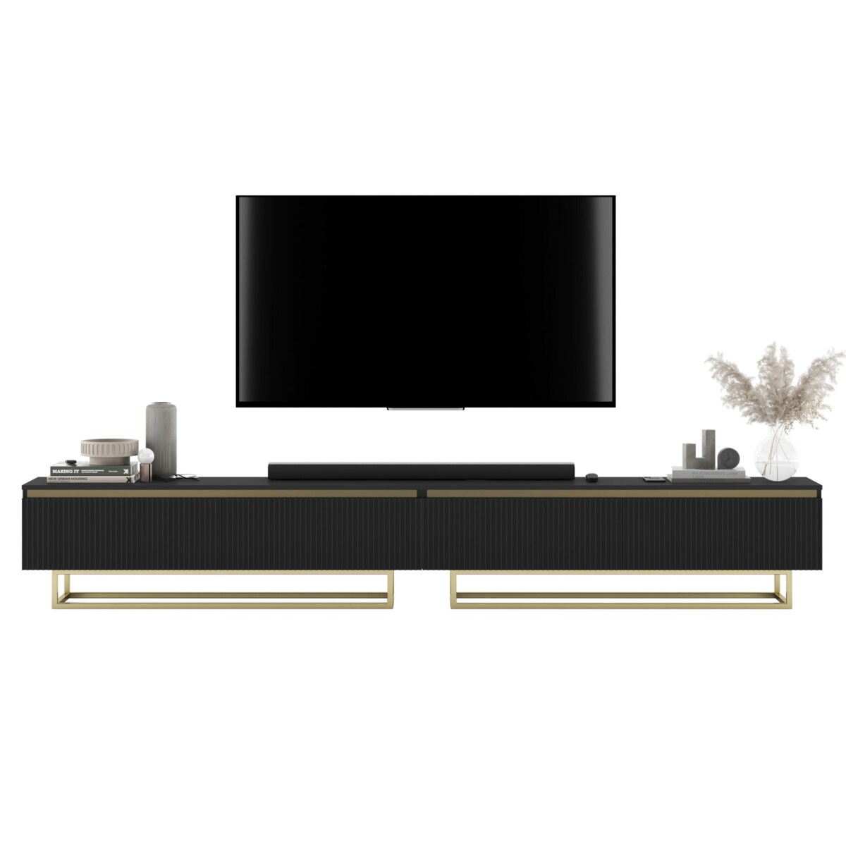 Nowoczesna Szafka RTV Glamour Komoda RTV Czarny Mat 280 cm złote akcenty