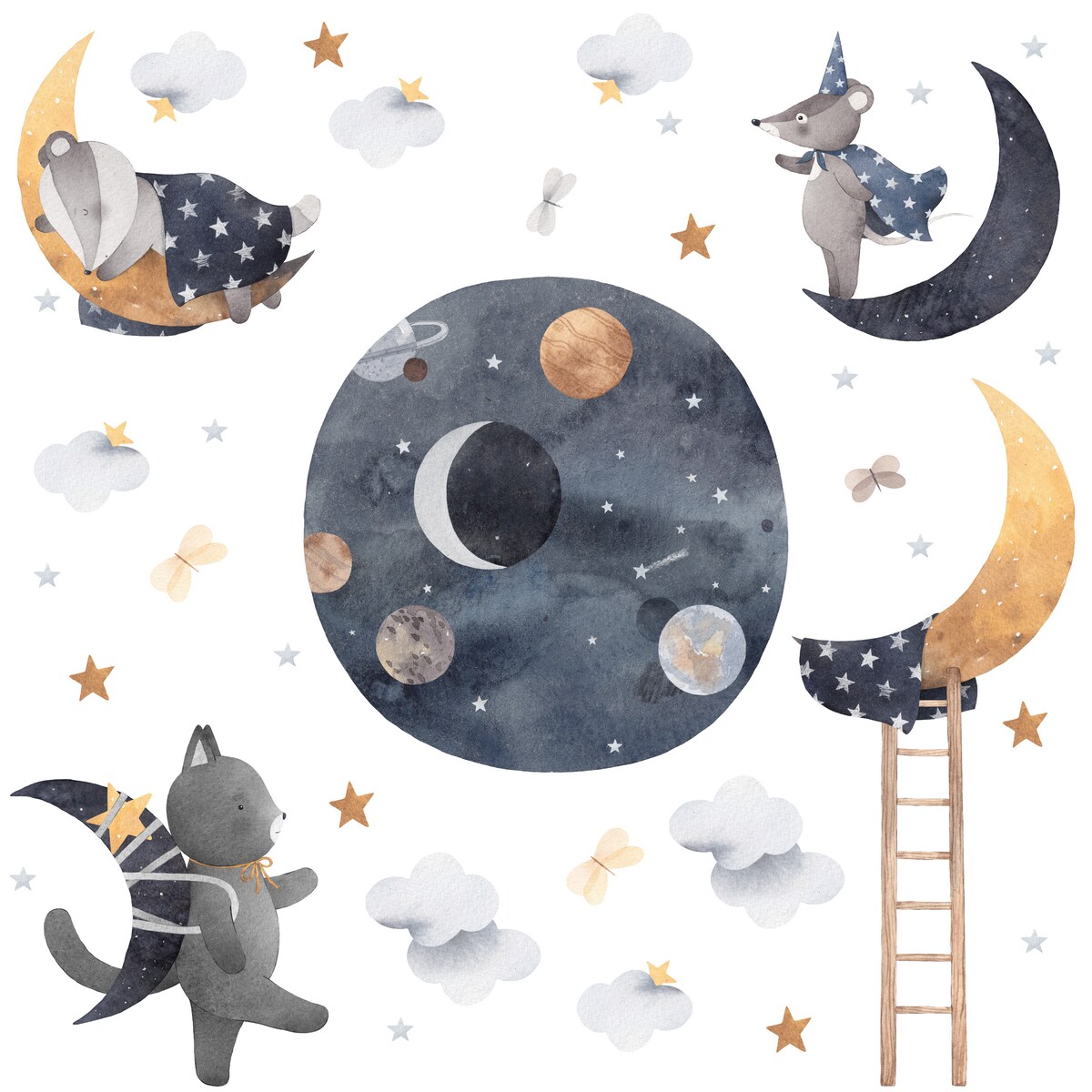 Naklejki Ścienne Dla Dzieci KOSMOS Zwierzęta Chmury Gwiazdy Boho ZESTAW