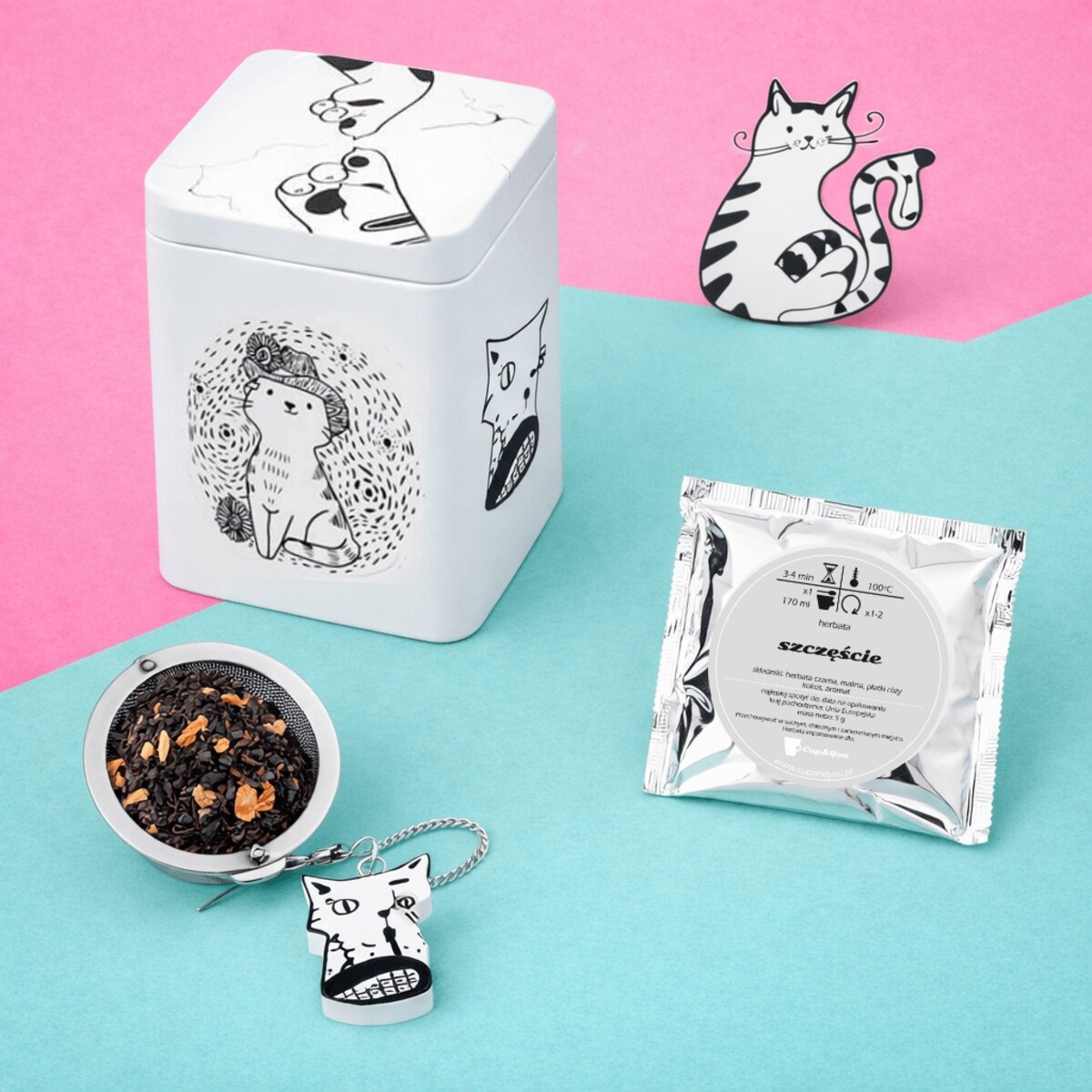 Zestaw prezentowy upominkowy CAT ARTIST metalowa puszka nierdzewny zaparzacz herbata - prezent upominek dla kobiety dziewczyny mamy żony babci niej