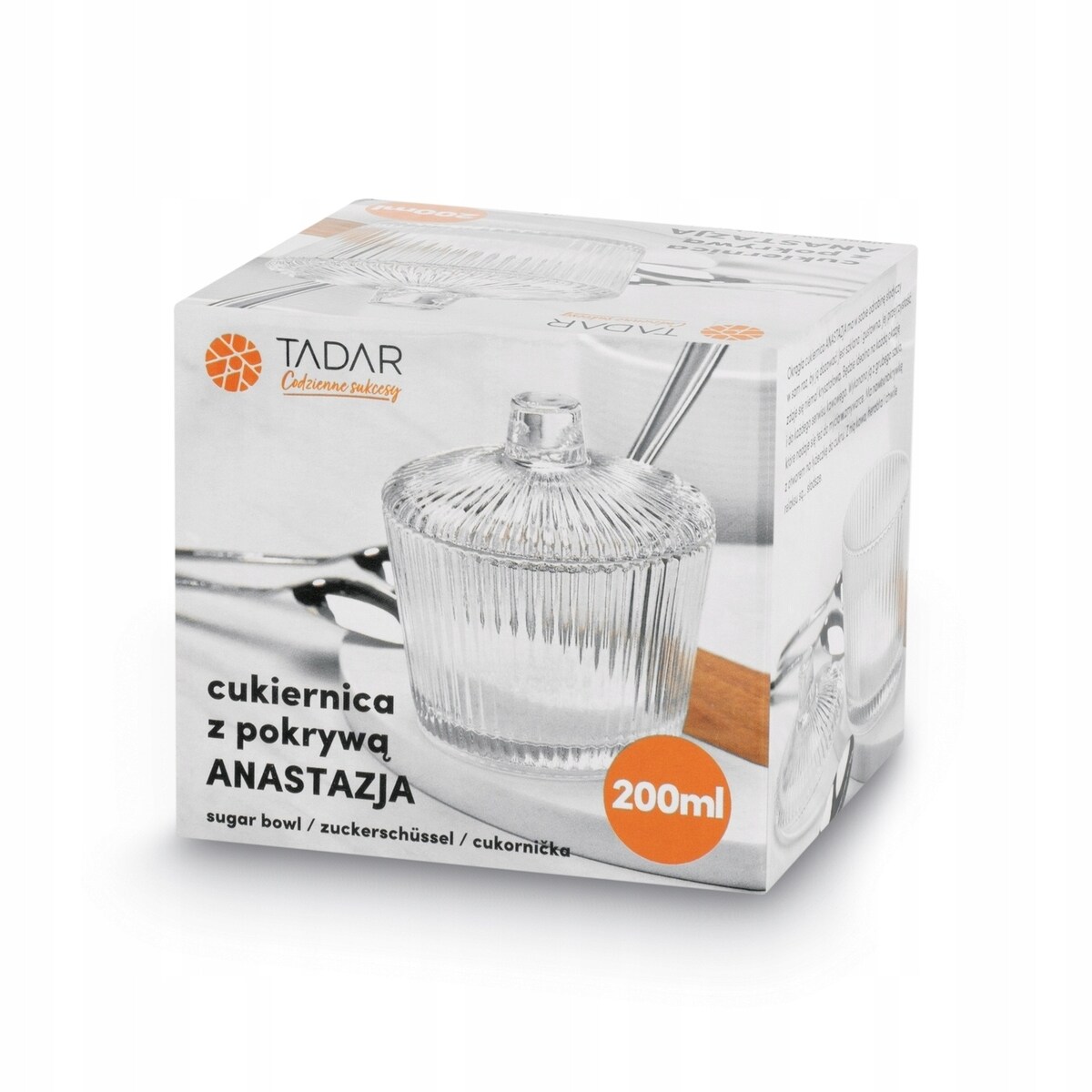 SZKLANA przezroczysta W PRĄŻKI CUKIERNICA cukierniczka 200 ml na cukier