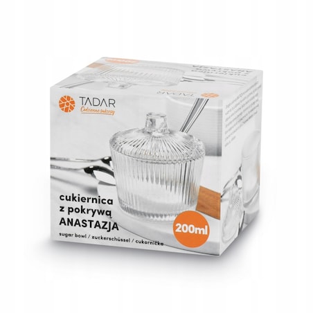 SZKLANA przezroczysta W PRĄŻKI CUKIERNICA cukierniczka 200 ml na cukier