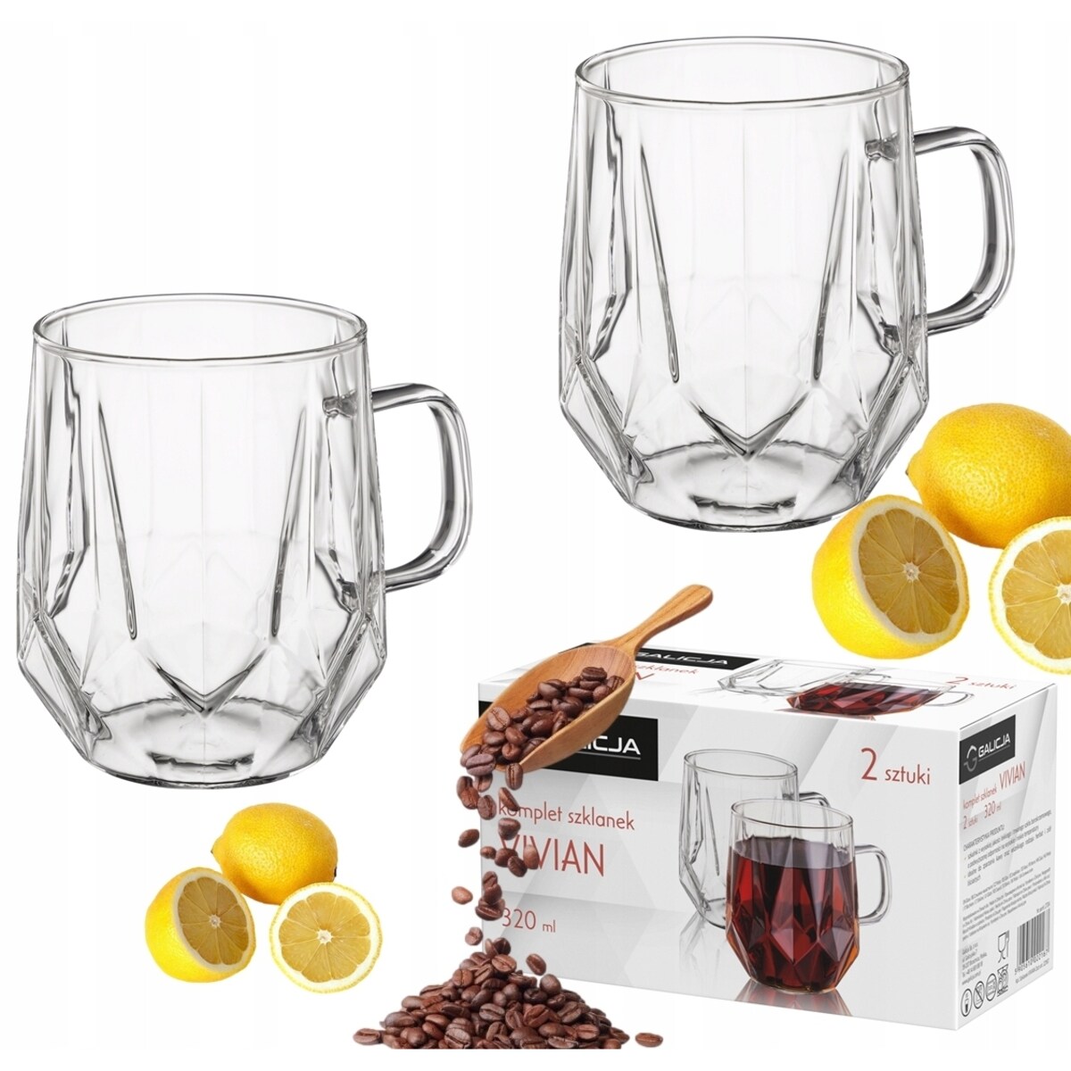 2x NOWOCZESNY KOMPLET SZKLANEK DO KAWY HERBATY Z UCHEM ZESTAW 320 ml box
