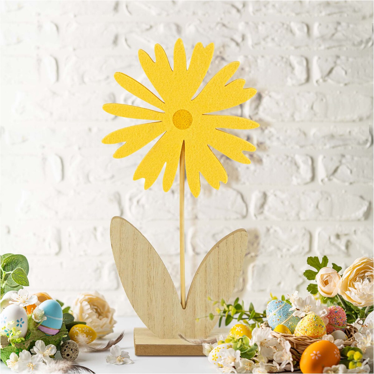 Kwiatek Drewniany 32 Cm Dekoracja Ozdoba Wielkanocna Na Stół Stokrotka Żółty