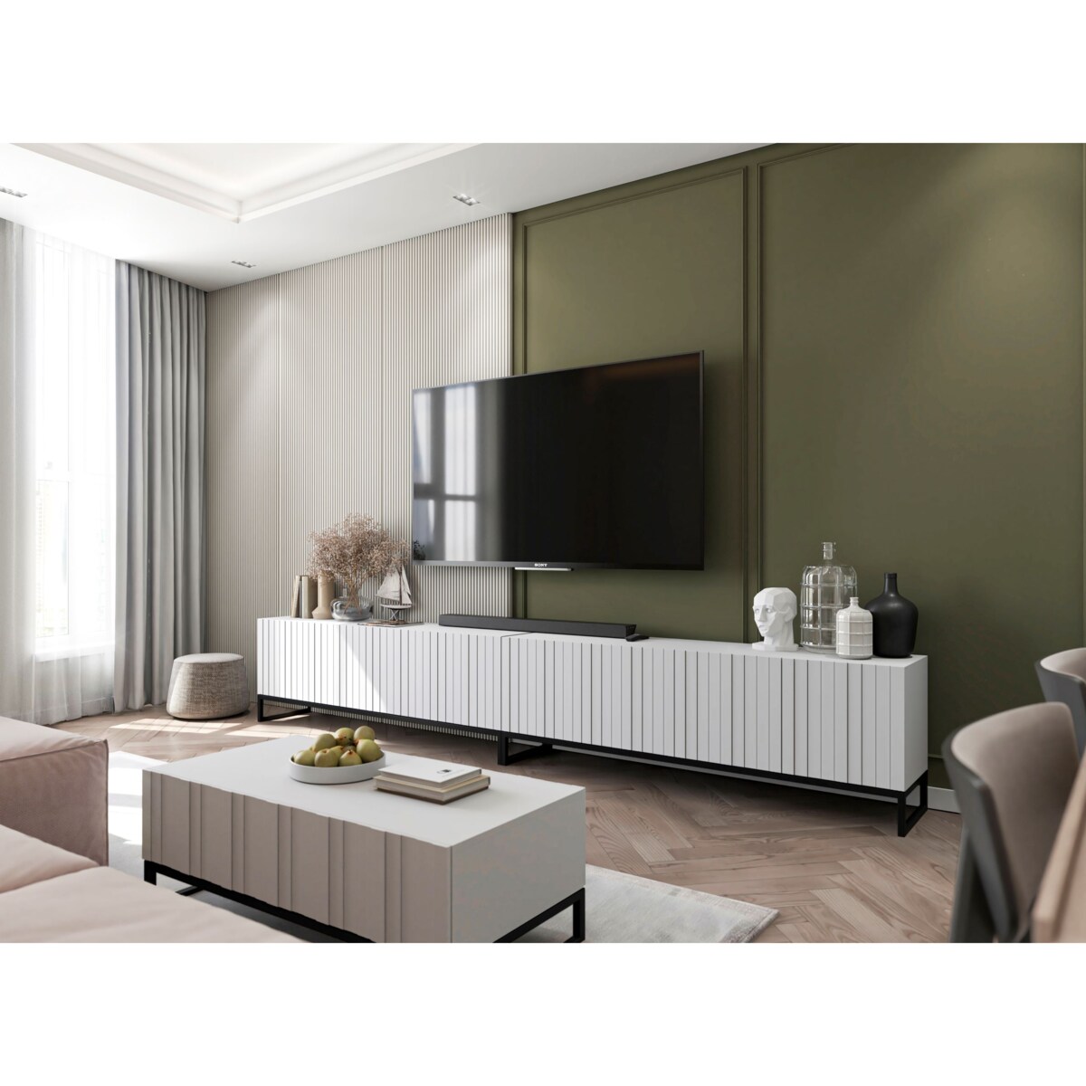 Szafka RTV Loft Biały MAT Komoda RTV Glamour 150 cm Ryflowane fronty Mat