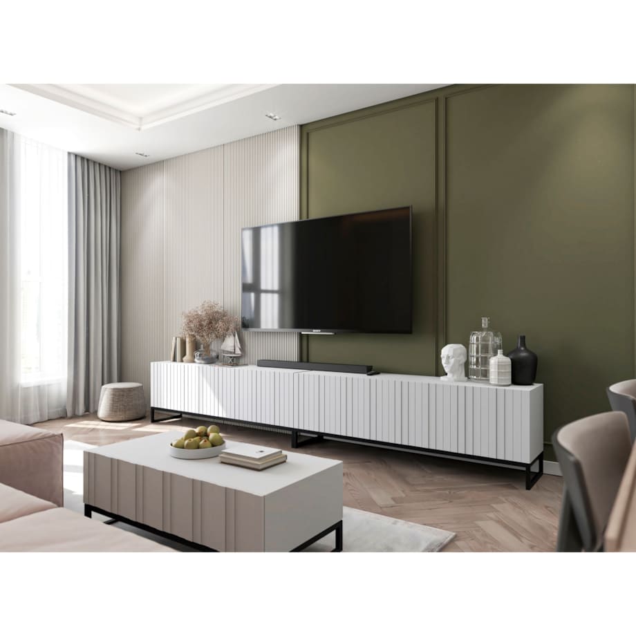 Szafka RTV Loft Biały MAT Komoda RTV Glamour 150 cm Ryflowane fronty Mat