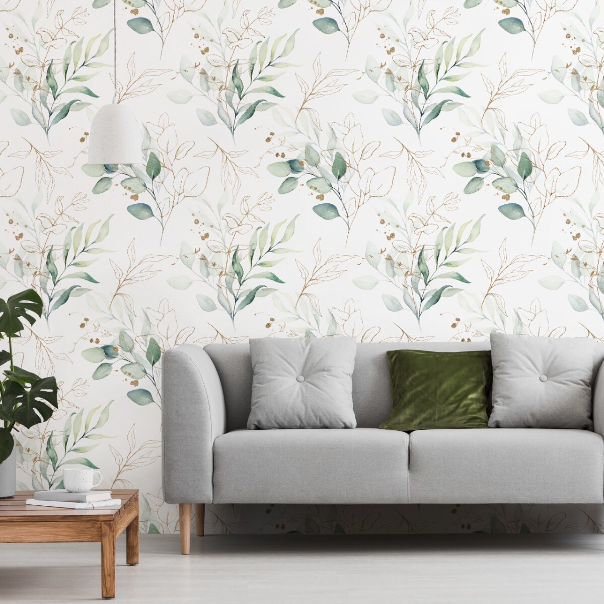 Tapeta Akwarelowe Liście Kwiaty