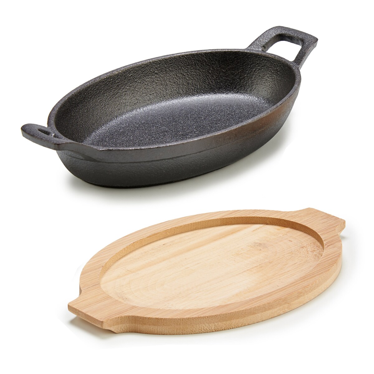 Owalne żelazne naczynie na bambusowej podstawce SLATE, 12 x 22 x 5 cm