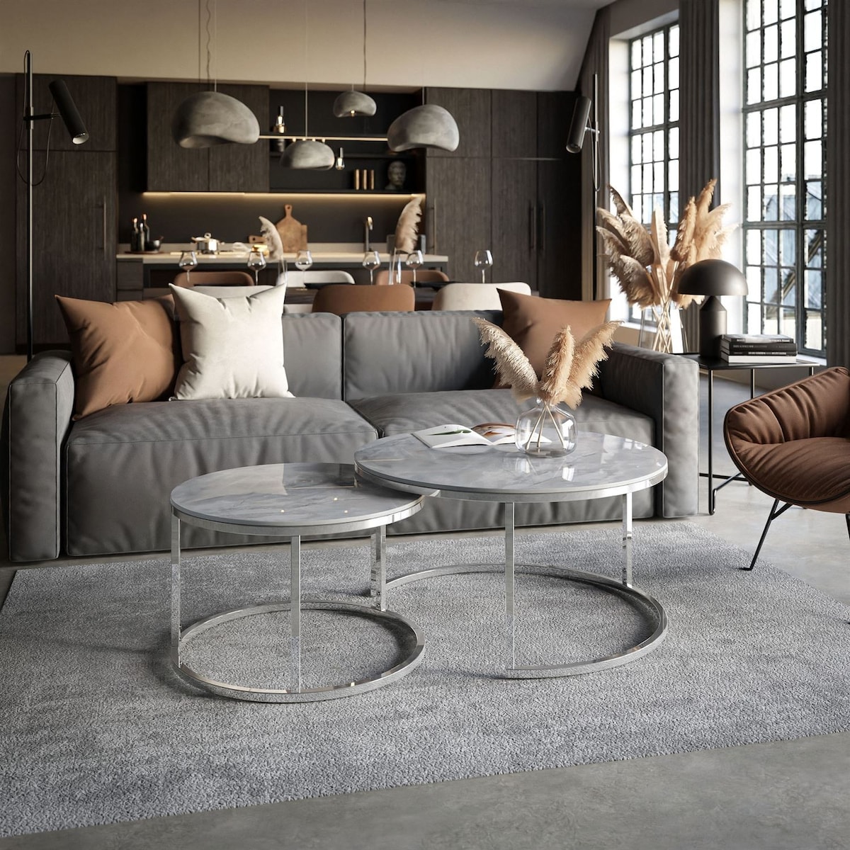 Stolik kawowy GRISE 2w1 chrom szary marmur