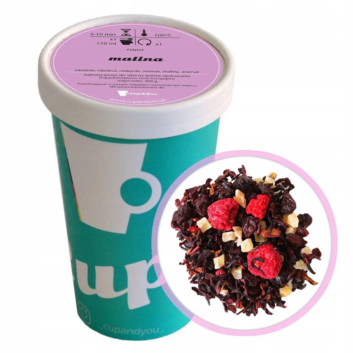 Sypana herbata owocowa MALINA hibiskus ananas rodzynki 200g premium ekstra