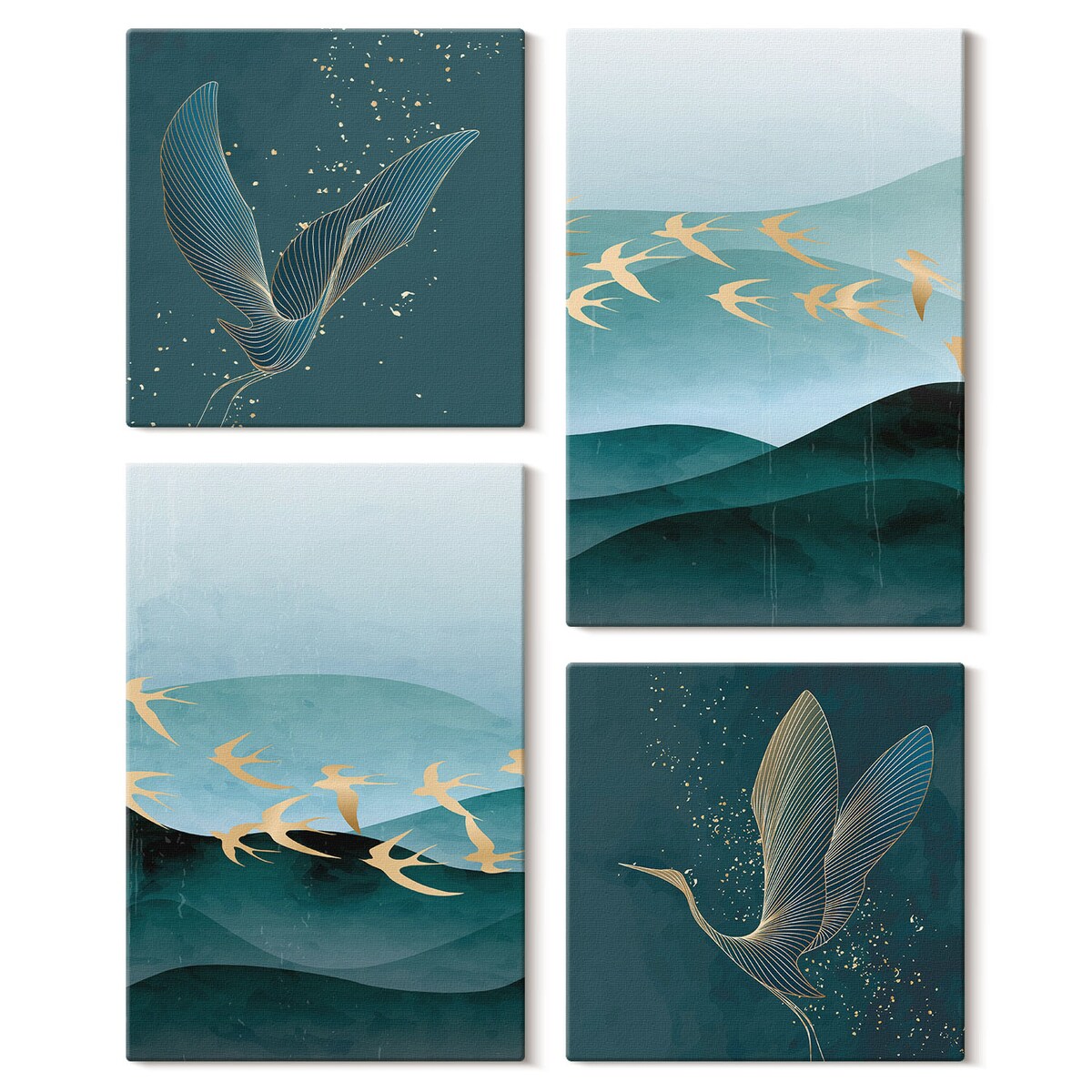 Zestaw 4 obrazów na płótnie - Abstrakcyjne pejzaże fal ptaków - turkusowy