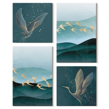 Zestaw 4 obrazów na płótnie - Abstrakcyjne pejzaże fal ptaków - turkusowy