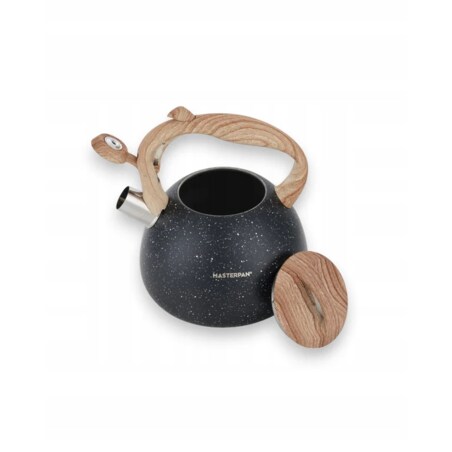 Czajnik Stalowy 2.8L Z Gwizdkiem Elegancki Czarny Z Drewnianym Uchwytem