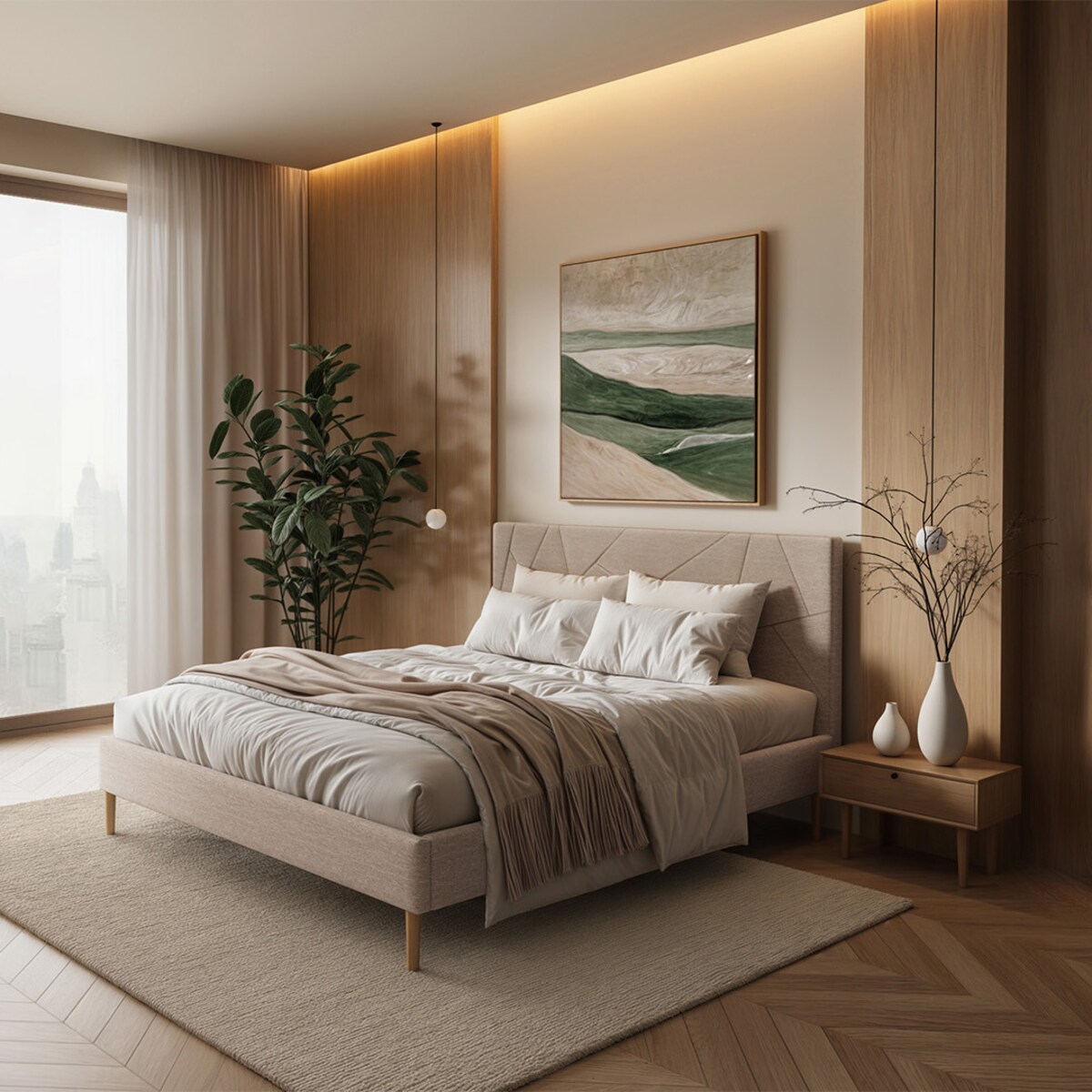 Mesonica Łóżko Alano, geometryczne kremowe, 160x200