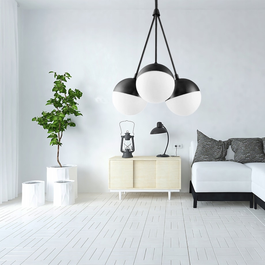 Lampa Wisząca Kule Szklana Mleczna Czarna Biała