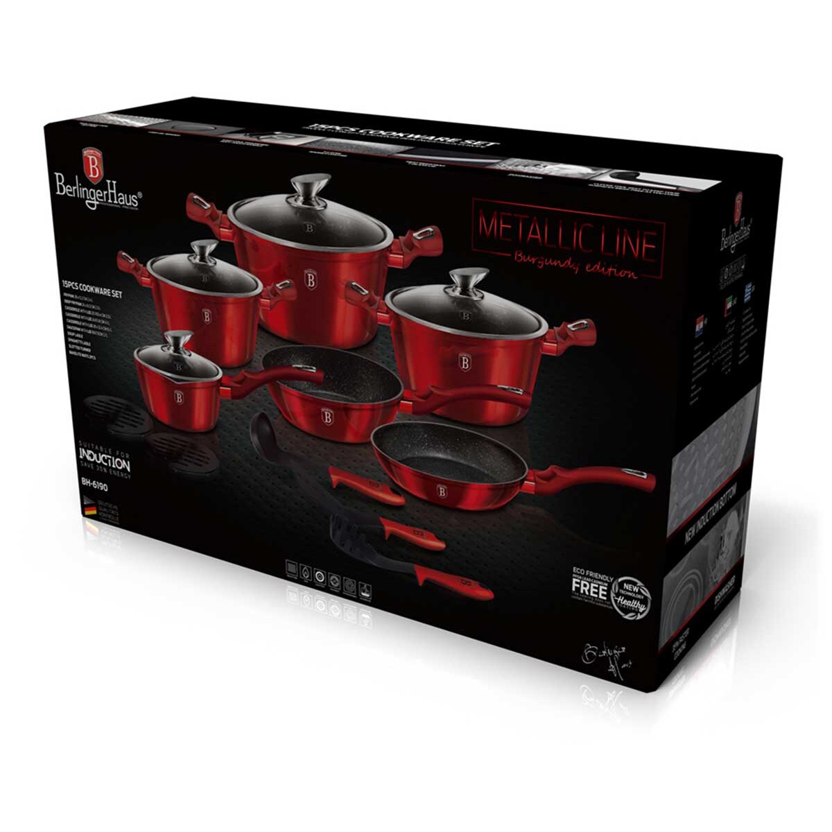 Zestaw 15 elementów garnki, patelnie, akcesoria Metallic Line Burgundy Berlinger Haus BH-1226