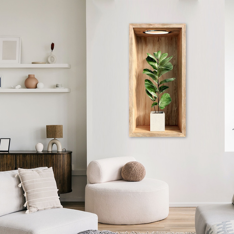 Obraz na ścianę do salonu kuchni, Liście rośliny w drewnianej wnęce 40x80