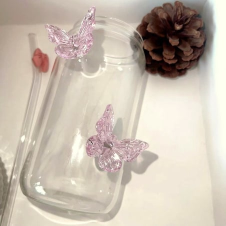 Szklanka wysoka ze słomką, MOTYLKI róż 500 ml, 1 szt- SZK163