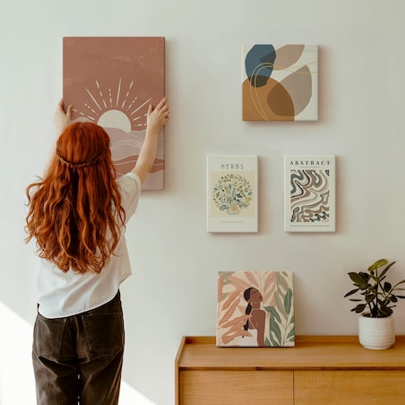 Zestaw 5 obrazów na płótnie - Styl boho roślinne motywy abstrakcyjne - brązowy