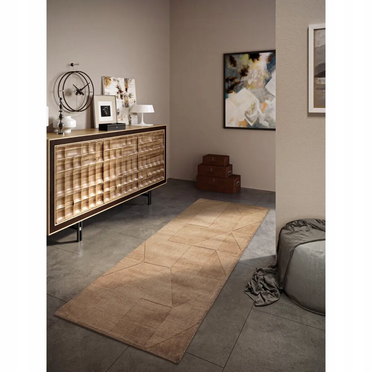 Chodnik wełniany do korytarza 80x250cm, brązowy nowoczesny wzór 3D