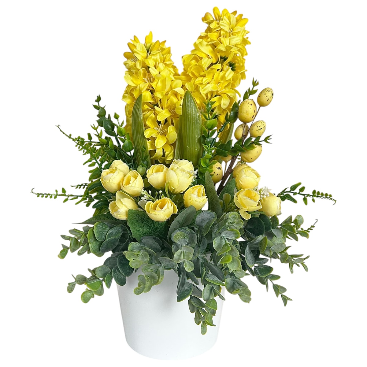 Stroik wielkanocny z hiacyntami w ceramicznej donicy