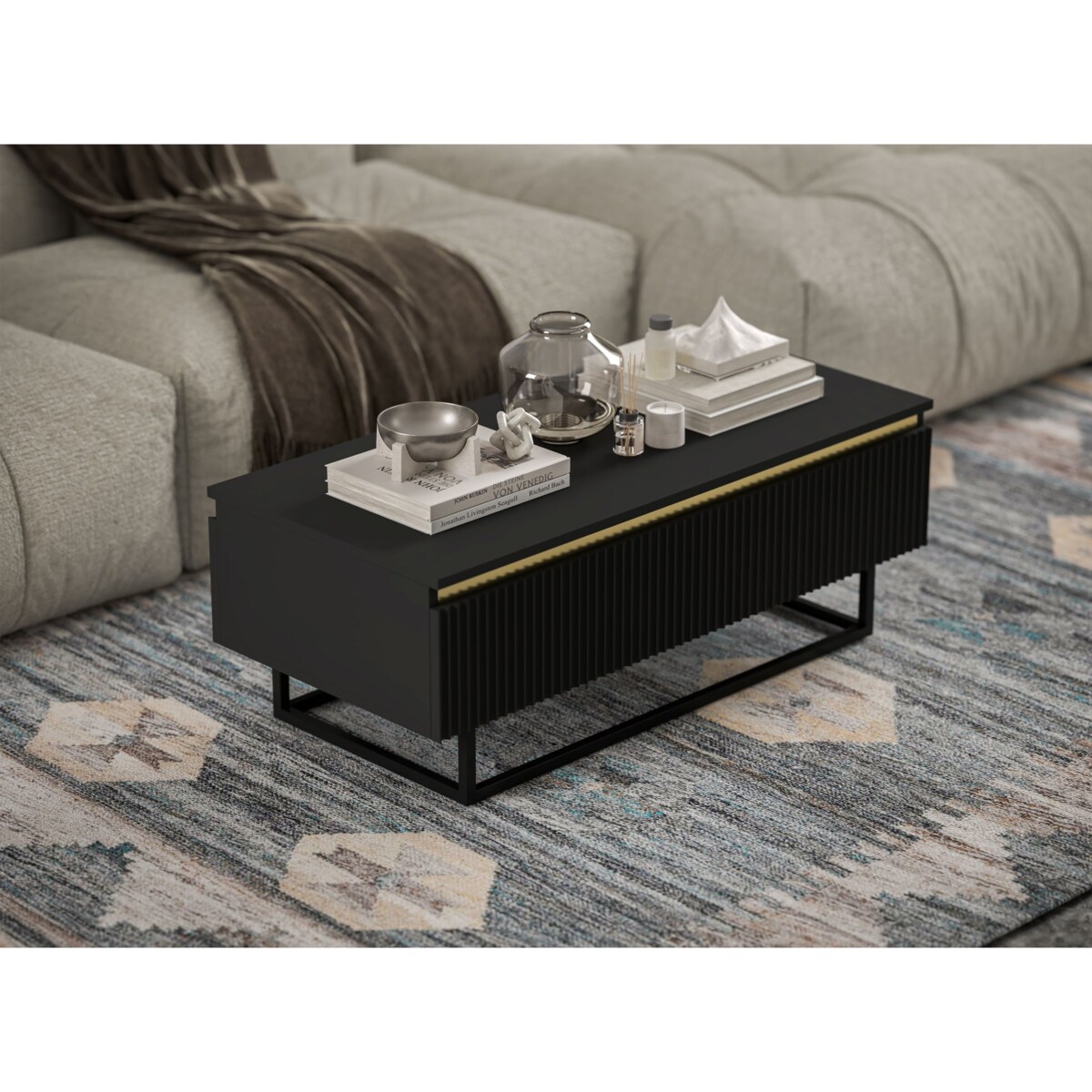 Stolik kawowy Glamour prostokątny elegancka ława Czarny Mat Czarna Rama 109 cm