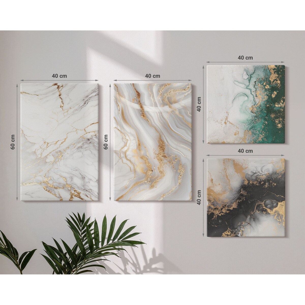 Zestaw 4 obrazów na płótnie - Abstrakcyjne wzory biel czerń zieleń - biały