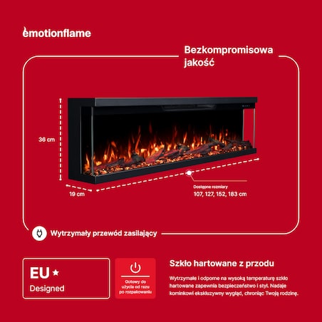 Kominek elektryczny à 3 côtés Emotion Flame Unity 127 - ścienny i do zabudowy - 127x19x36 cm - kominek LED - 900/1800 W