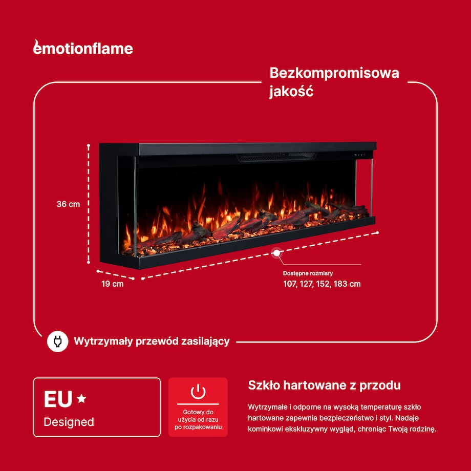 Kominek elektryczny à 3 côtés Emotion Flame Unity 127 - ścienny i do zabudowy - 127x19x36 cm - kominek LED - 900/1800 W