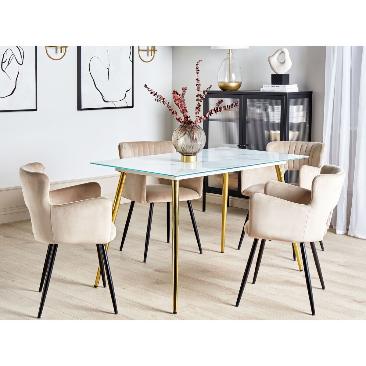 Stół do jadalni szklany 120 x 70 cm efekt marmuru ze złotym MULGA