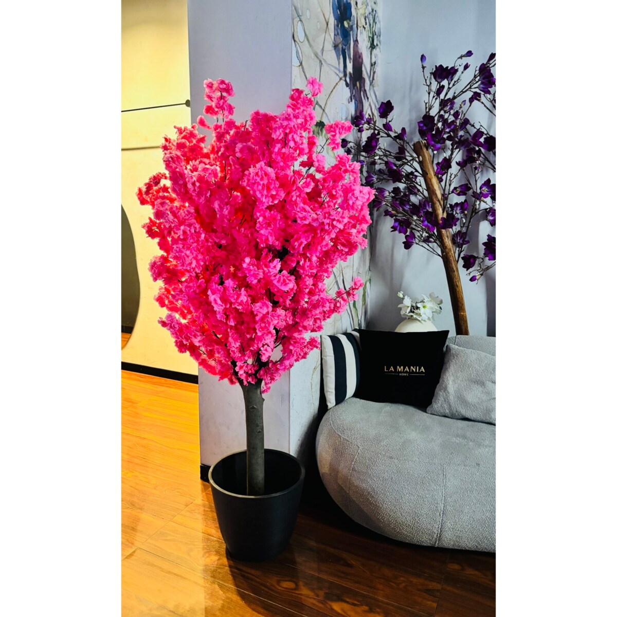 Drzewo kwitnącej wiśni z kwiatami w kolorze fuksjowym 180cm na naturalnym pniu