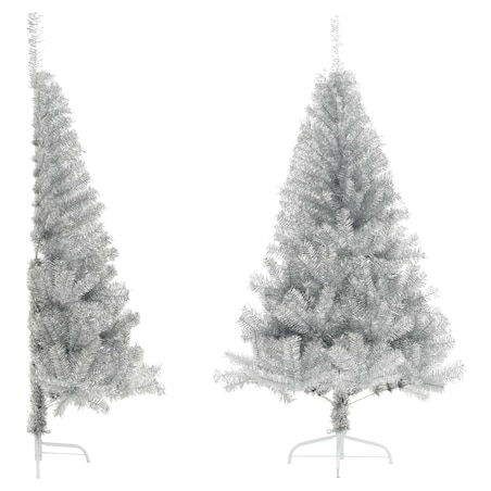 vidaXL Sztuczna choinka połówka ze stojakiem, srebrna, 150 cm, PET