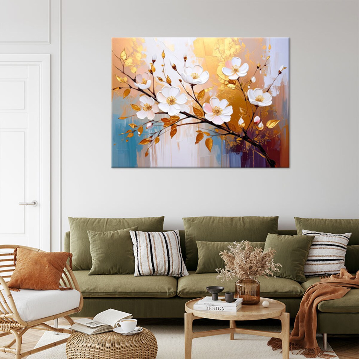 Feeby Obraz do salonu sypialni, Kwiaty Gałązki Glamour Złoty 120x80