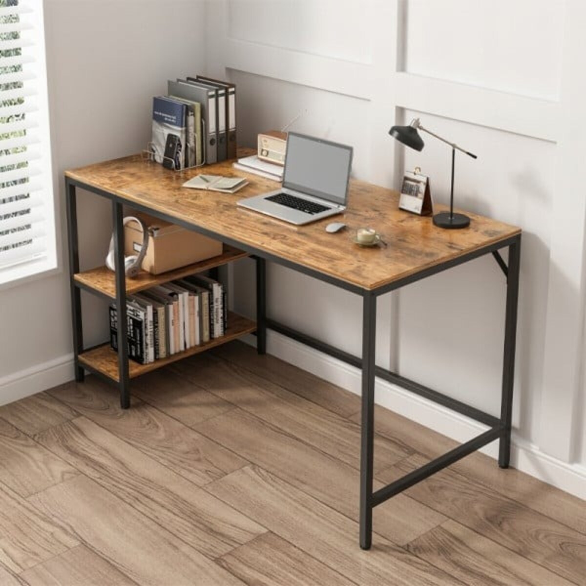 Biurko komputerowe stolik vintage rustykalny brąz loft z 2 półkami 120 cm
