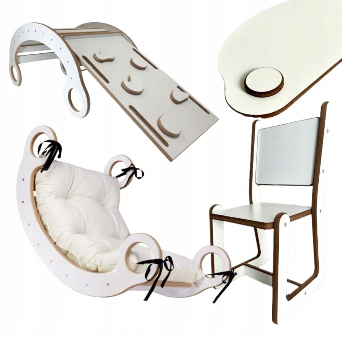 Zestaw BUJAK MONTESSORI Poduszka Beż+Ścianka + Krzesło Blat Zjeżdżalnia CE