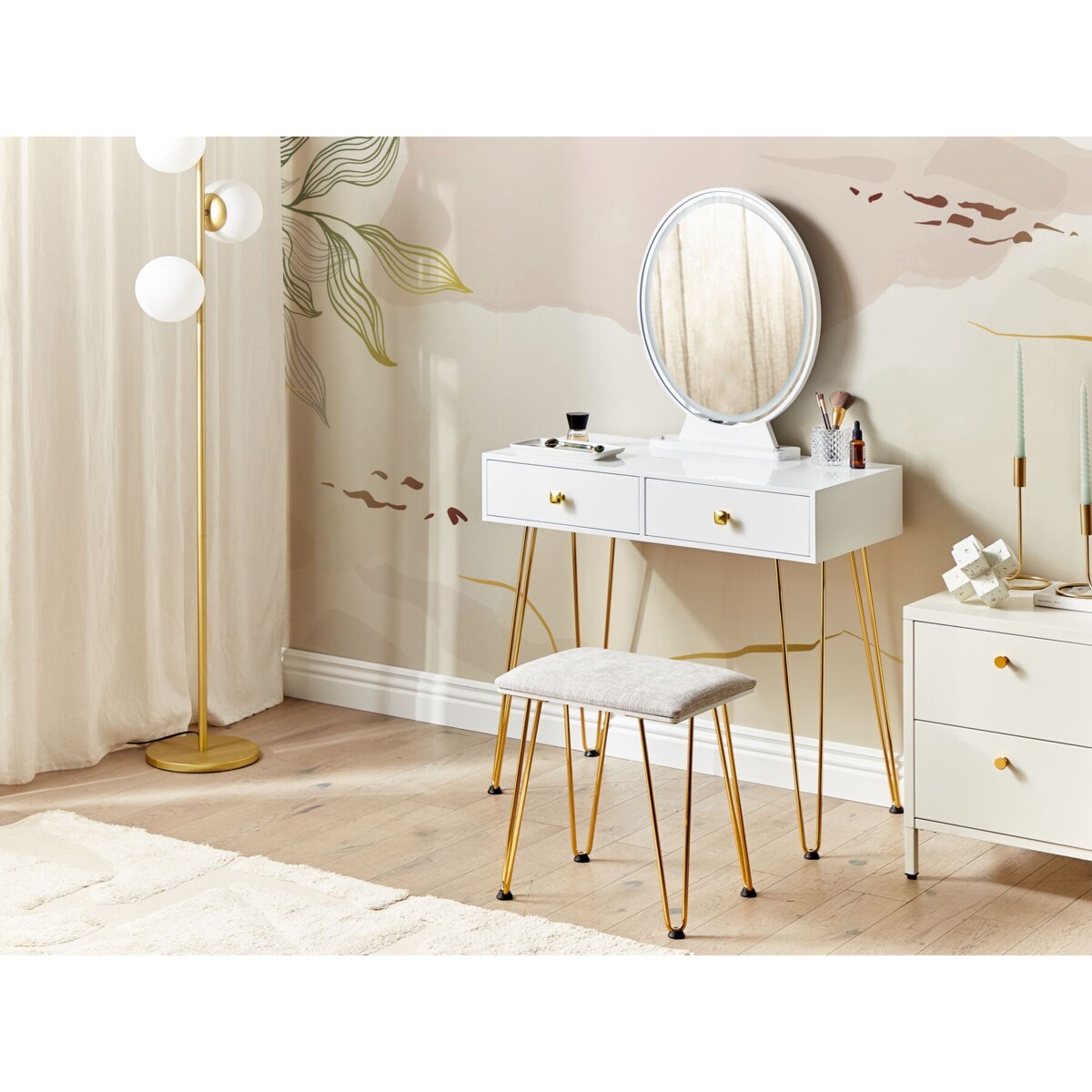 Toaletka 2 szuflady lustro LED ze stołkiem biało-złota CAEN