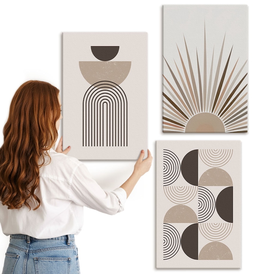 Zestaw 3 dużych obrazów na płótnie - Abstrakcyjne kształty beż brąz - beżowy