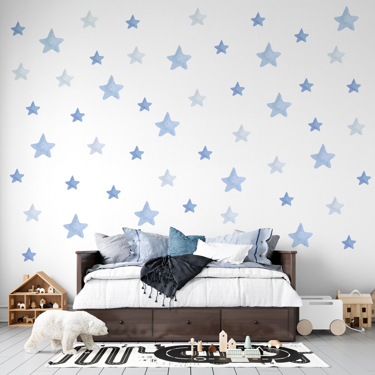 Naklejki Ścienne Dla Dzieci Akwarelowe Niebieskie GWIAZDKI Styl Boho ZESTAW 60x30cm