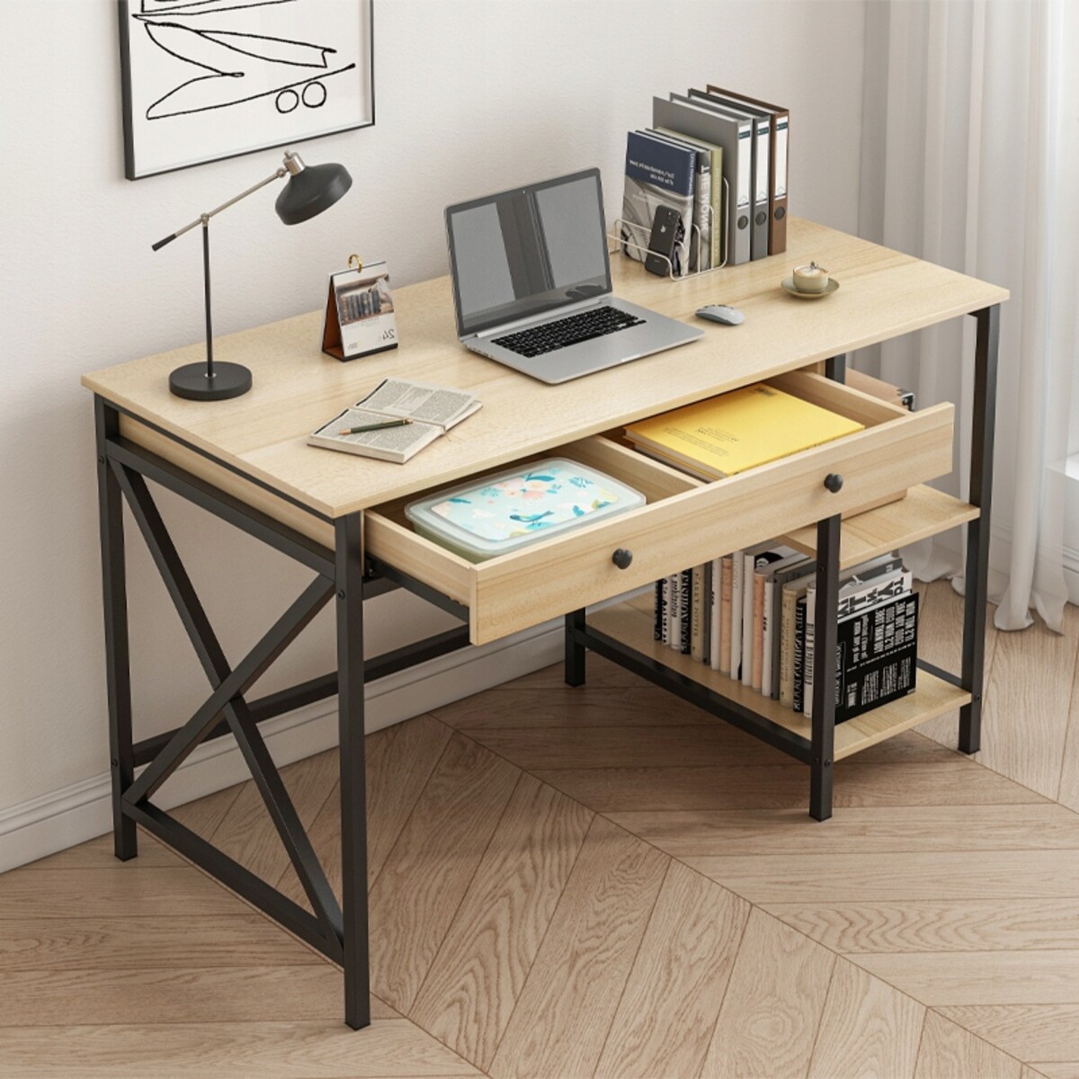 Biurko Komputerowe Loft Industrialne Szuflada Półki Jasny Dąb Skandynawski