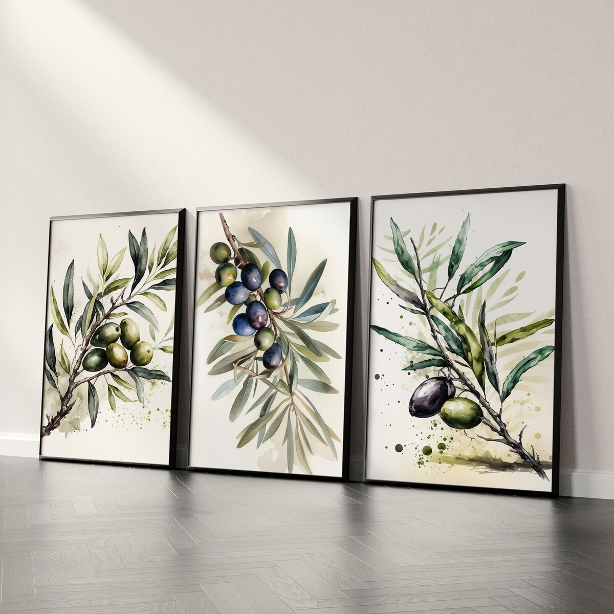 ZESTAW 3X PLAKAT W RAMIE DO JADALNI GAŁĄZKI OLIWNE AKWARELE LIŚCIE 60x80cm