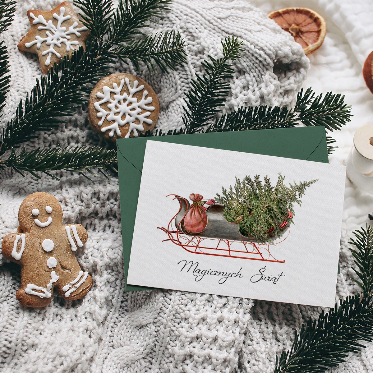 Zestaw Trzech Kartek Świątecznych Sanie z Choinką 12x17