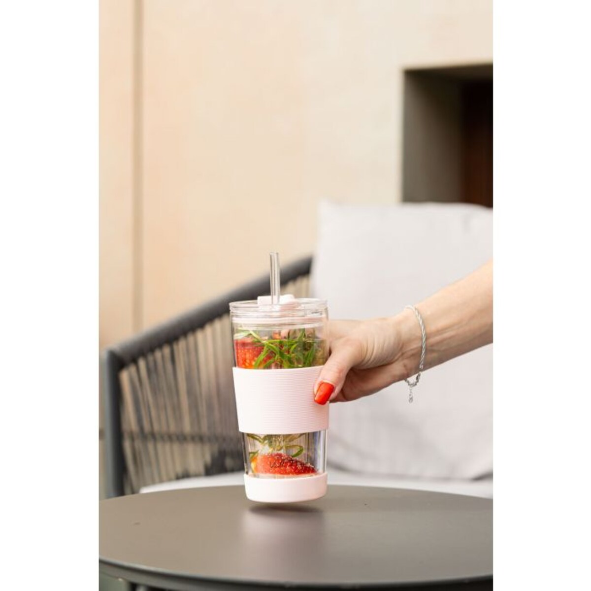 Kubek termiczny szklany ze słomką 600 ml różowy Fuori 30411