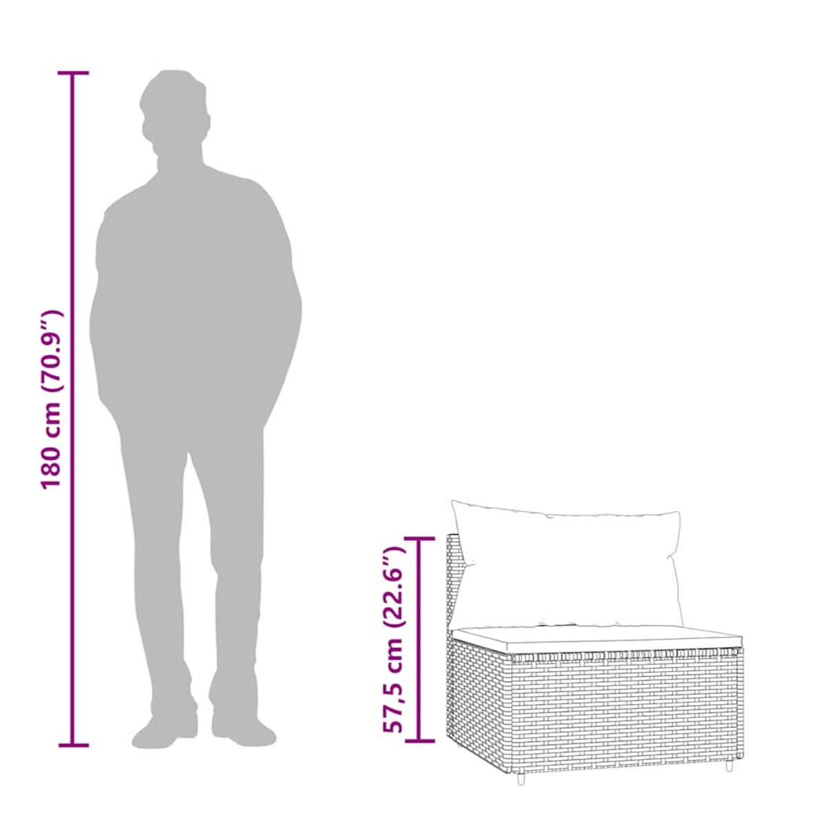 vidaXL Środkowy moduł sofy z poduszkami, brązowy, polirattan
